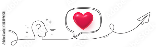 Psychology therapy line icon. Continuous line with share plane. Mental health sign. Brain question mark symbol. 3d heart in speech bubble. Psychology single line ribbon. Loop curve pattern. Vector