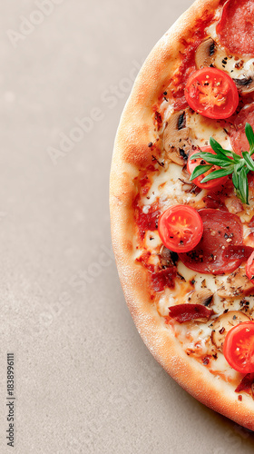 A close-up of a delicious half pizza with pepperoni, mushrooms, cherry tomatoes, and fresh herbs on a light background, featuring ample copy space.
