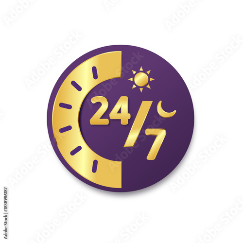 24/7 Gold Service Support Icon with Sun and Moon on Purple Background.