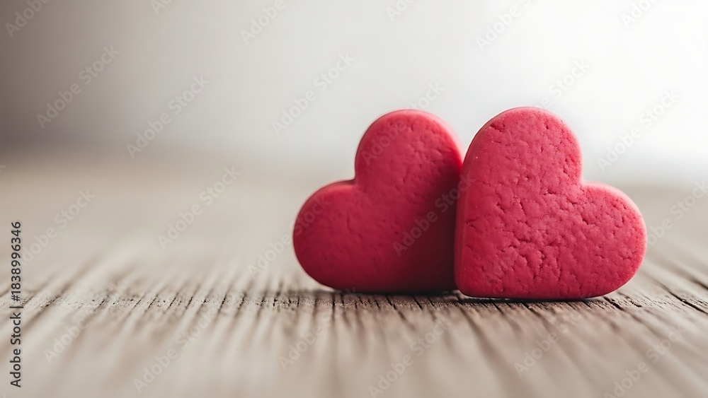 Fototapeta premium Two red hearts on a rustic wooden background, symbolizing love and romance