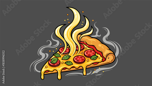 A vibrant illustration of a hot, steaming slice of pepperoni pizza with melted cheese and basil leaves, set against a dark background.