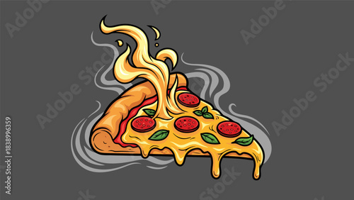 A vibrant cartoon illustration of a hot pizza slice with melting cheese, pepperoni, and basil, emitting steam on a dark background.