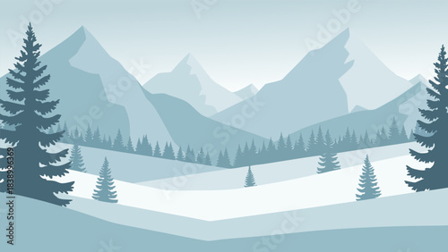 A serene winter mountain landscape with snow-covered hills and evergreen trees under a pale blue sky.