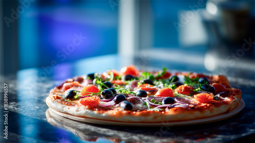 Fresh gourmet pizza topped with cherry tomatoes, black olives, red onion and arugula on a crisp thin crust.