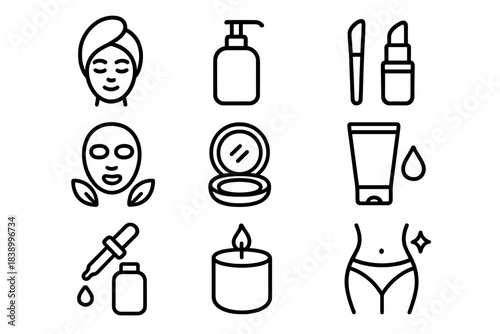 Outline icons set for essential beauty, cosmetics, skincare, spa, and wellness routines