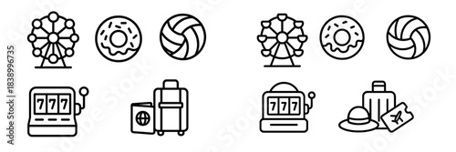 Outline icons set featuring amusement park rides, sweet food, sports, casino games, and travel accessories