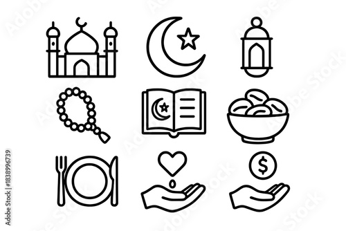 Outline symbols of Ramadan traditions including mosque, crescent moon, dates, prayer beads, and charity