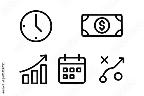 Business management icons set including time money growth schedule and strategic planning symbols