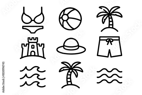 Tropical summer vacation symbols featuring beach balls, palm trees, swimwear, and sandcastles