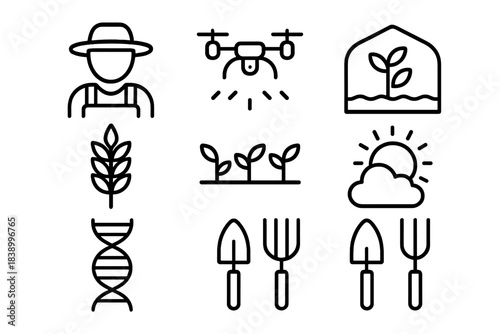 Essential symbols for agriculture, smart farming, and gardening featuring tools, crops, and technology