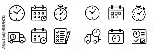 Collection of outline icons representing time management, scheduling, delivery service, and deadlines