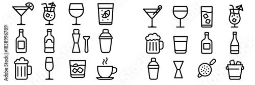 Collection of alcoholic drinks, cocktail glasses, bottles, and bar equipment symbols