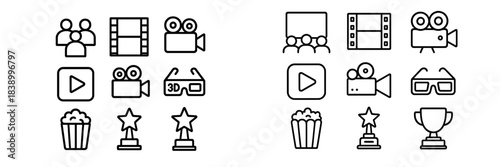 Outline symbols of movie and cinema entertainment: film reel, video camera, awards, and popcorn