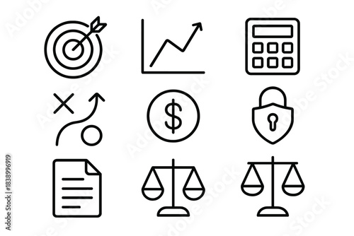 Outline icons representing business, finance, strategy, and legal concepts like target, graph, calculator, and scales