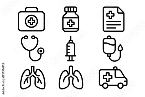 Essential medical and healthcare symbols set with first aid kit, syringe, and ambulance