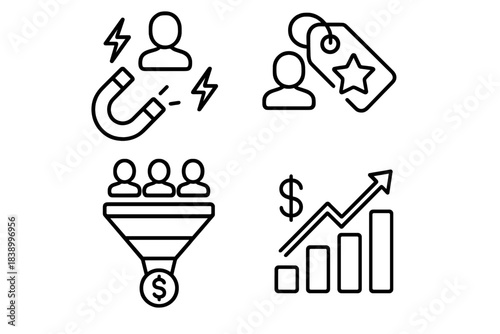Lead generation, sales funnel, customer loyalty, and financial growth symbols for business strategy