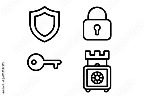 Security and protection symbols: shield, padlock, key, and safe vault for digital safety