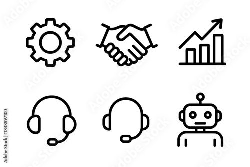 Six essential business and technology symbols: settings, partnership, growth chart, customer support, and artificial intelligence