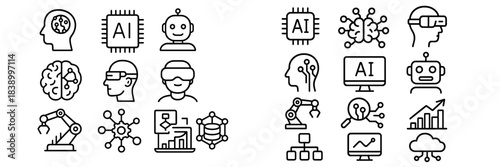 Line icons representing artificial intelligence, robotics, data science, and virtual reality concepts