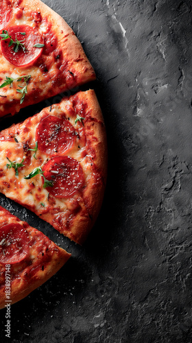 Three pepperoni pizza slices with melted cheese and fresh herbs on a dark slate surface, showcasing a crispy golden crust and savory toppings.