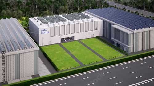 3d rendering data center building exterior with solar panels on roof 4k footage