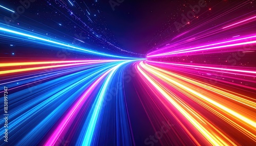 Vivid abstract illustration of light streaks creating a dynamic, colorful tunnel effect