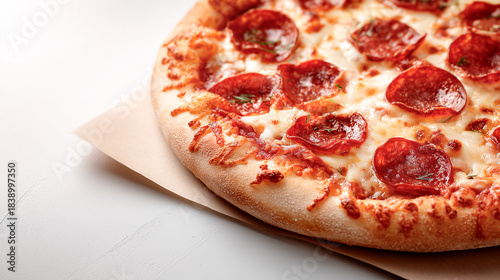 Three close-up pepperoni pizza slices with golden crust and melted cheese on white background, highlighting savory toppings and a crispy edge.