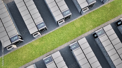 Alternative energy concept with 3d rendering group of energy storage systems or battery container units with solar panels top view 4k footage