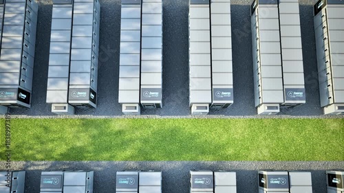 Alternative energy concept with 3d rendering group of energy storage systems or battery container units with solar panels top view 4k footage