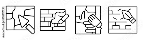 Construction work line icons set: masonry, plastering, wall repair