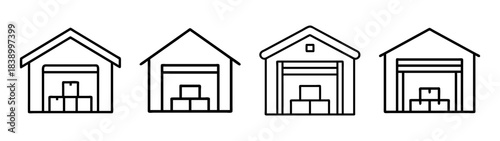 Warehouse storage building and delivery boxes line art icon set