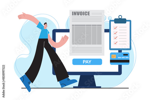 Business illustration of online invoice with pay button, checklist, credit card, and digital payment process for financial management, accounting systems, and electronic billing platforms.