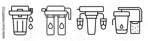 Water filter systems line icons set. clean water purification technology.
