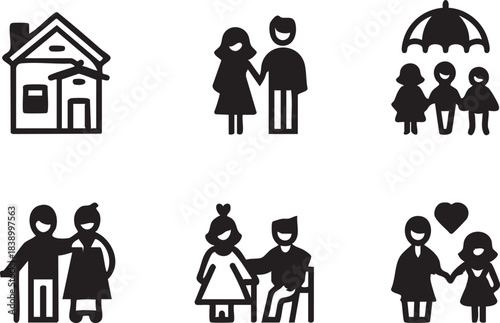 Family and home icon set vector: insurance, protection, love, and relationships eps silhouette