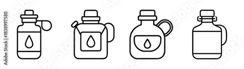 Outline liquid containers icon set. syrup, oil, water bottles graphic.
