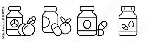Vitamins and supplements bottles with natural ingredients icons