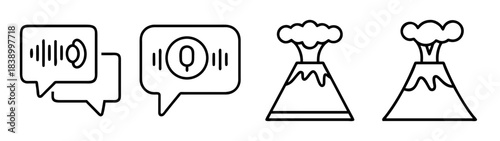 Audio voice chat and erupting volcano line art icon set designs