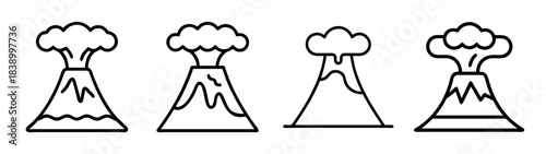 Volcano eruption line art icons set. nature disaster symbols
