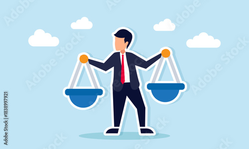 Businessman carrying two scales in each hand illustrating careful consideration and calculation in making the right business decision