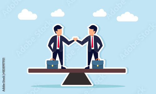 Two businessmen shaking hands on a seesaw illustrating mutually beneficial cooperation or a win win business solution