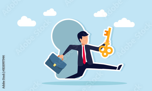 Businessman carrying a key trying to jump and run out of a keyhole illustrating finding a solution to business problems