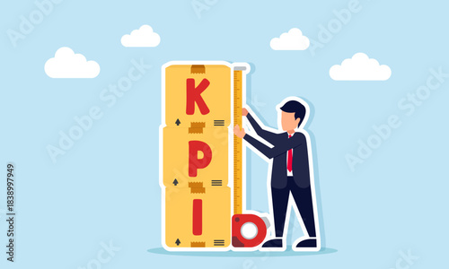 Businessman using a measuring tool to assess the height of KPI stacked boxes illustrating employee performance evaluation based on KPI