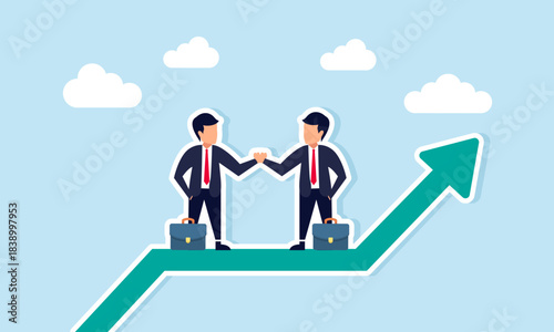 Two businessmen shaking hands on an upward green line graph illustrating mutually beneficial cooperation or a win win business solution