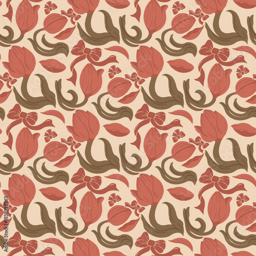 Tulip Flowers Seamless Pattern - Floral with Petals and Ribbon