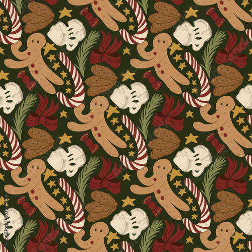Sweet Holiday Treats Seamless Pattern - Gingerbread, Marshmallow, Candy Cane, Chocolate Cookies, Ribbon, and Leaves Vector