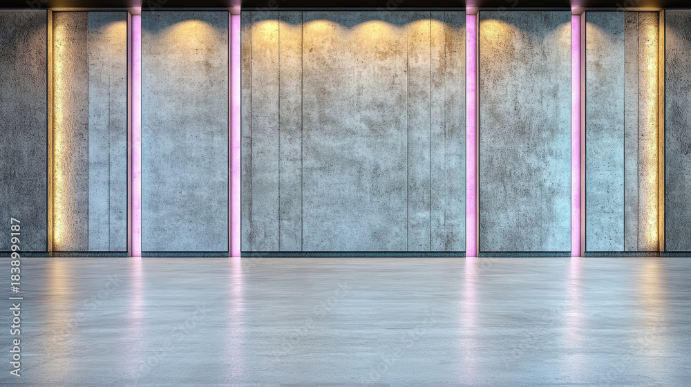 Naklejka premium Modern concrete interior with pink and warm column lighting evoking moody ambiance