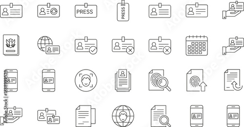 Identity verification and personal identification icon set featuring ID cards, passports, biometrics, mobile IDs, documents, security approval symbols, and authentication elements.