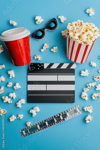 Top view of clapperboard, 3D glasses, film strip and popcorn bucket on blue background