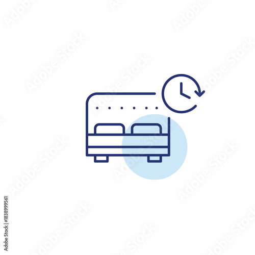Double bed and clock. Timed rest and wake up schedule, holiday hotel booking. Pixel perfect, editable stroke vector icon