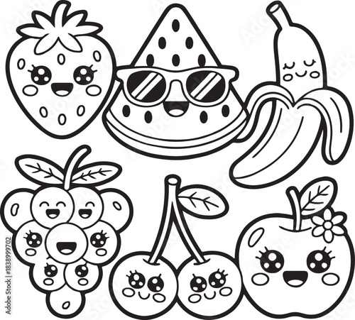 Cute cartoon outline fruits collection for childrens coloring books featuring happy kawaii characters in a playful style